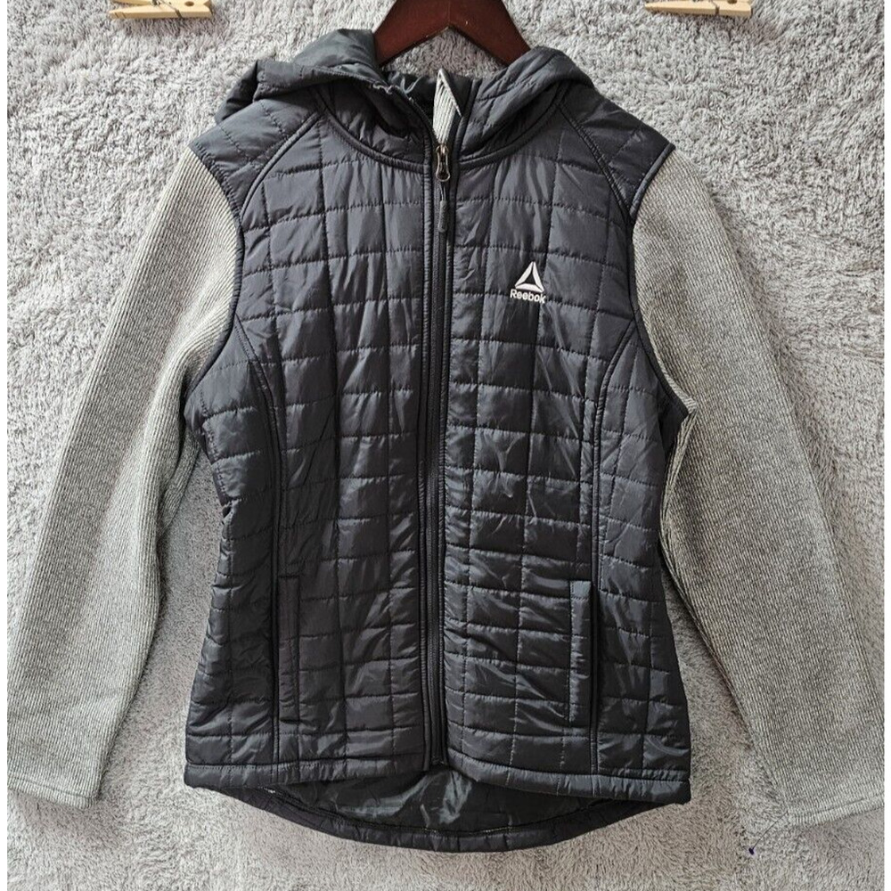 NEW Reebok Womens Mixed Media Puffer Jacket Sweater‎ Sleeves Size Small S